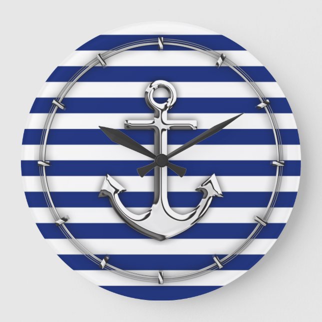 Chrome Anchor on Navy Stripes Large Clock (Front)