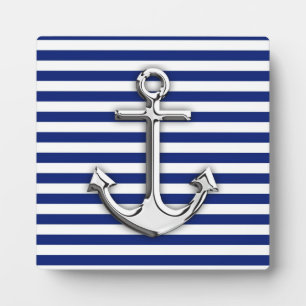 Chrome Anchor on Navy Stripes Plaque