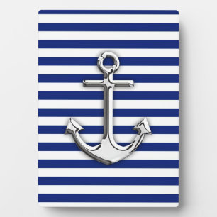 Chrome Anchor on Navy Stripes Plaque