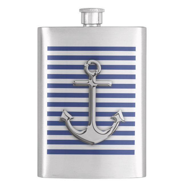 Chrome Anchor on Navy Stripes Print Hip Flask (Front)