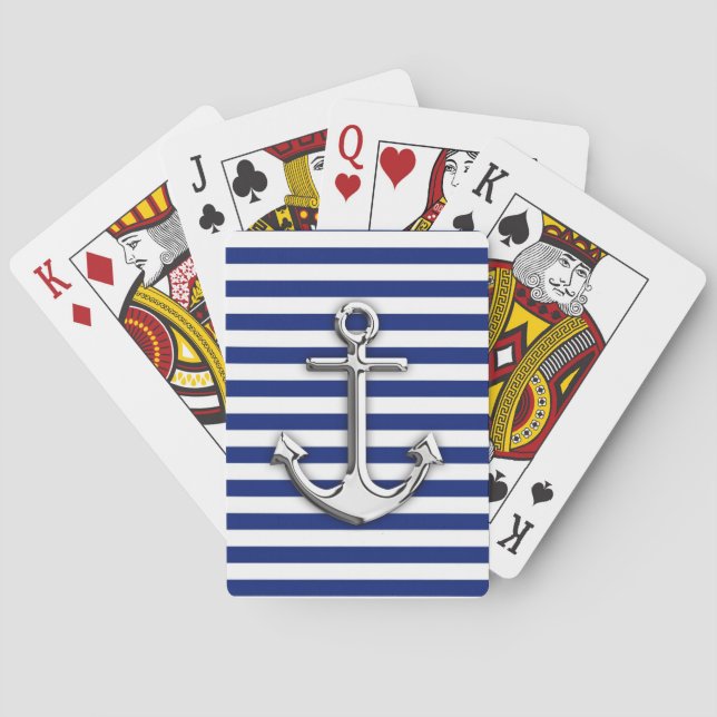 Chrome Anchor on Navy Stripes Print Playing Cards (Back)
