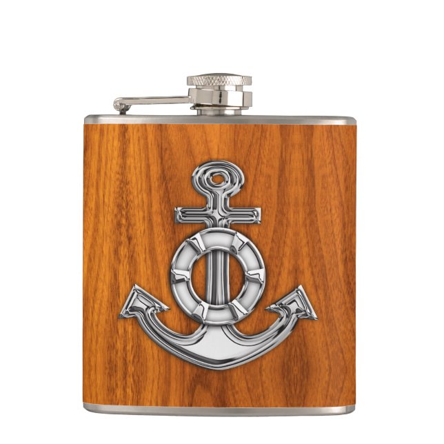 Chrome Anchor on Teak Print Hip Flask (Front)
