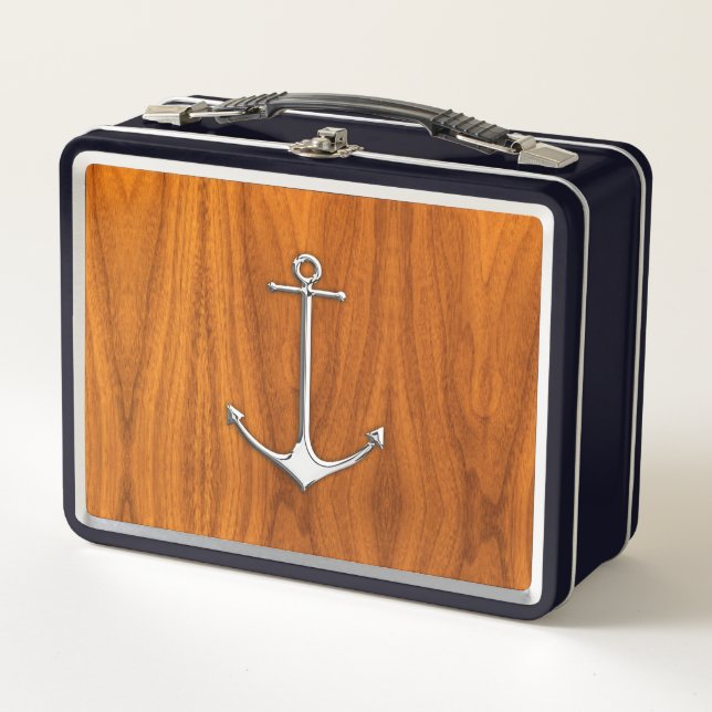 Chrome Anchor on Teak Veneer Nautical Lifestyle Metal Lunch Box (Front)