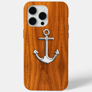 Chrome Anchor on Teak Veneer Style iPhone 15 Pro Max Case
