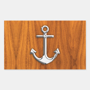 Chrome Anchor on Teak Veneer Style Rectangular Sticker