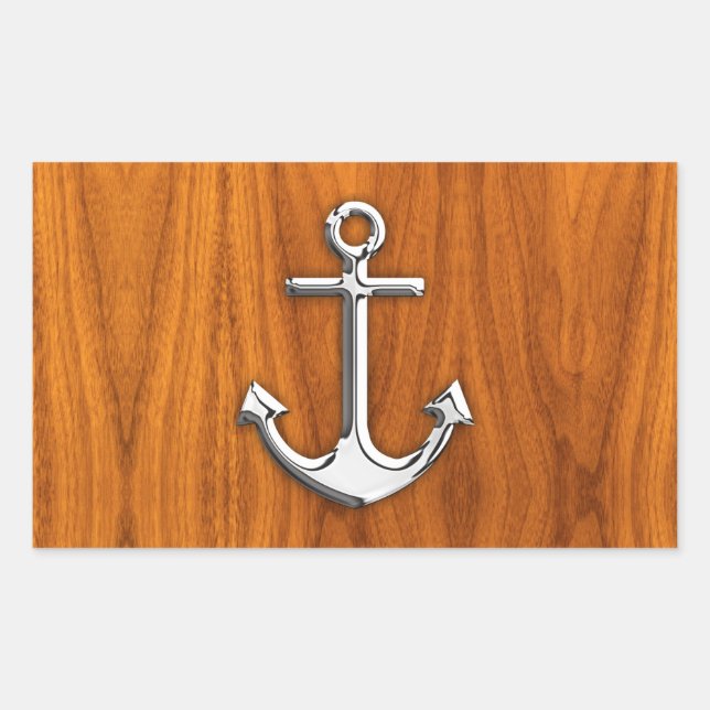 Chrome Anchor on Teak Veneer Style Rectangular Sticker (Front)