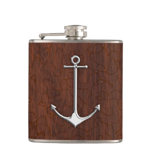 Chrome Anchor on Wet Mahogany Print Hip Flask
