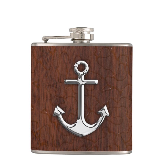 Chrome Anchor on Wet Mahogany Print Hip Flask (Front)