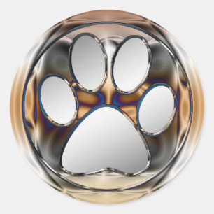 CHROME AND SILVER PAW PRINT CLASSIC ROUND STICKER