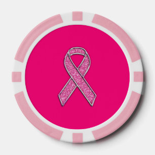 Chrome Belted Glitter Style Pink Ribbon Awareness Poker Chips