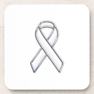 Chrome Belted Style White Ribbon Awareness Coaster