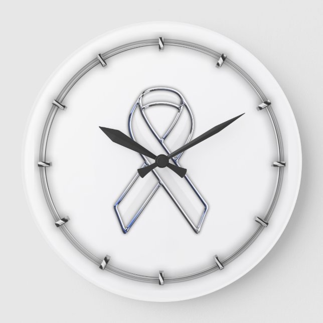 Chrome Belted Style White Ribbon Awareness Large Clock (Front)