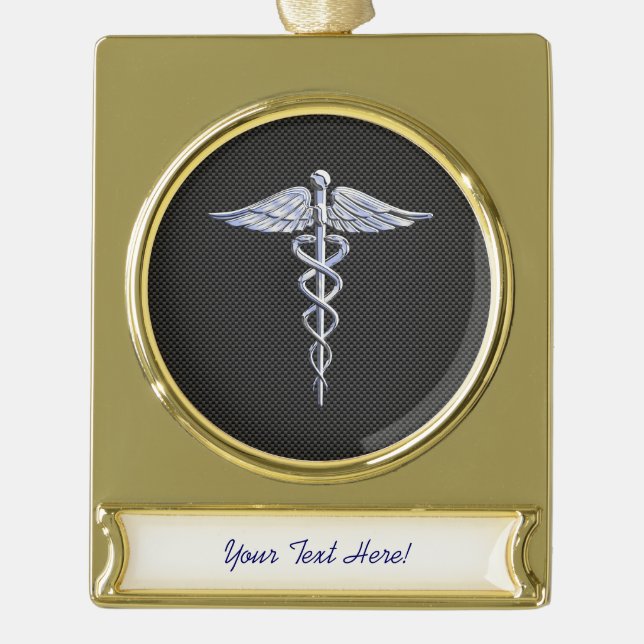 Chrome Caduceus Medical Symbol Black Carbon Fibre Gold Plated Banner Ornament (Front)