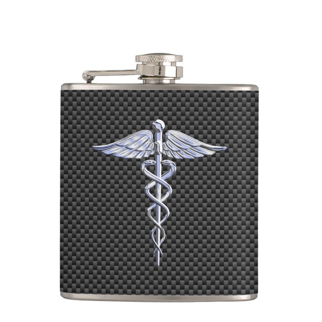 Chrome Caduceus Medical Symbol Black Carbon Fibre Hip Flask (Front)