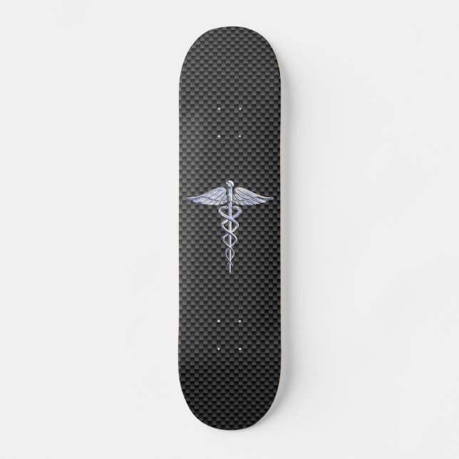Chrome Caduceus Medical Symbol Black Carbon Fibre Skateboard (Front)