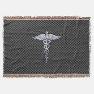 Chrome Caduceus Medical Symbol Black Carbon Fibre Throw Blanket