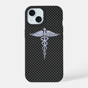 Chrome Caduceus Medical Symbol Carbon Fiber Decor iPhone 15 Case