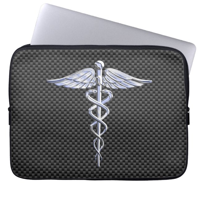 Chrome Caduceus Medical Symbol Carbon Fibre Print Laptop Sleeve (Front)