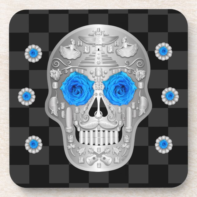 Chrome Calavera (Blue Rose) Beverage Coaster (Front)