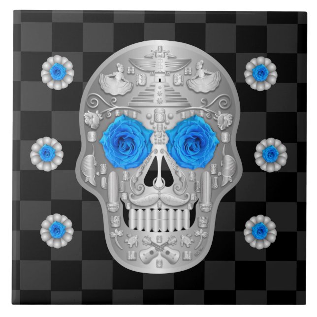 Chrome Calavera (Blue Rose) Ceramic Tile (Front)