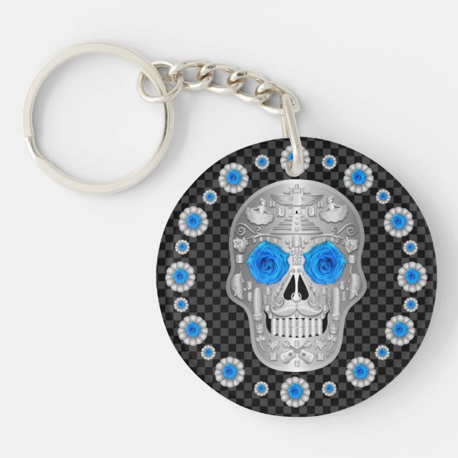 Chrome Calavera (Blue Rose)  Key Ring (Front)