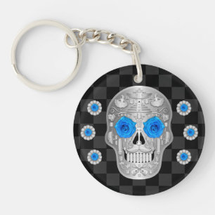Chrome Calavera (Blue Rose) Keychain