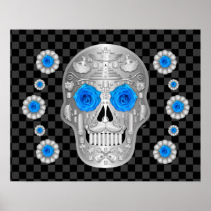 Chrome Calavera (Blue Rose) Poster