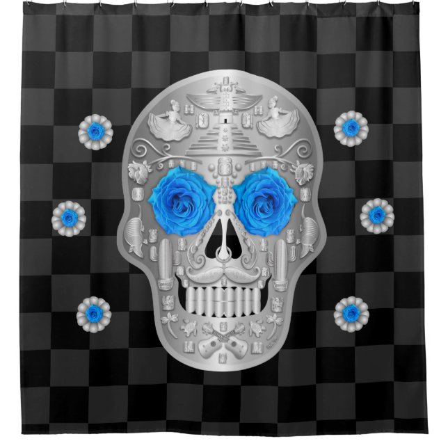 Chrome Calavera (Blue Rose) Shower Curtain (Front)