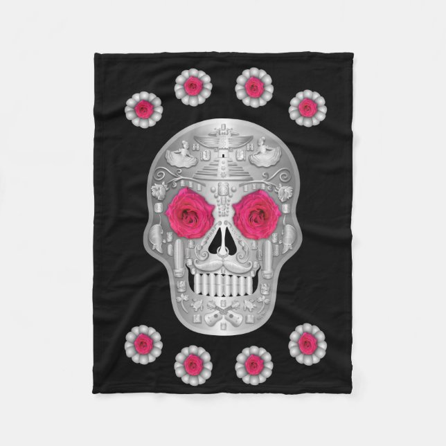 Chrome Calavera (Pink Rose) Fleece Blanket (Front)