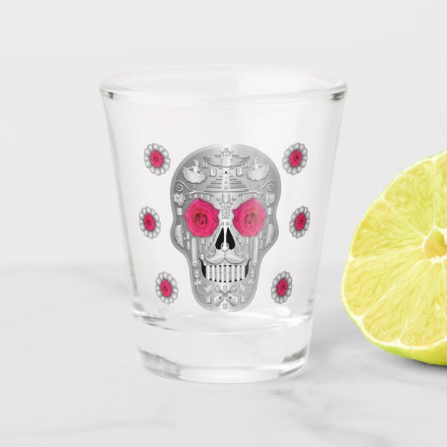 Chrome Calavera (Pink Rose) Shot Glass (Front)