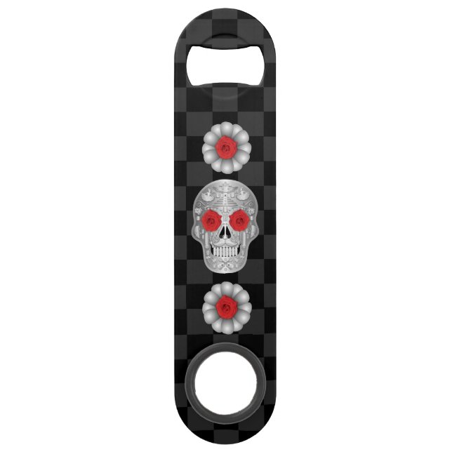 Chrome Calavera (Red Rose) Bar Key (Front)
