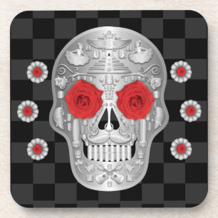 Chrome Calavera (Red Rose) Beverage Coaster