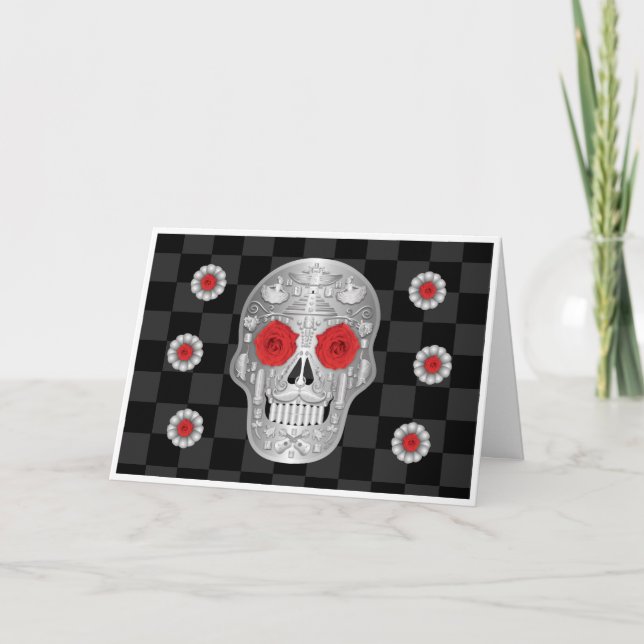 Chrome Calavera (Red Rose Card) Card (Front)
