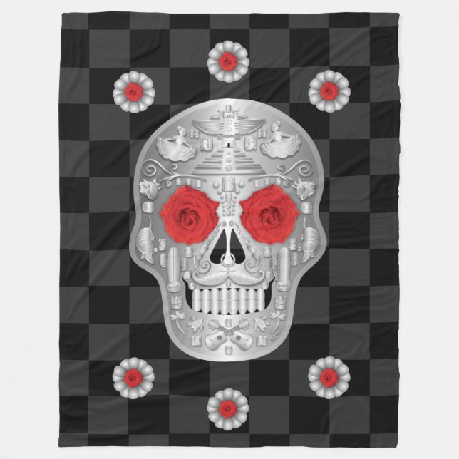 Chrome Calavera (Red Rose) Fleece Blanket (Front)