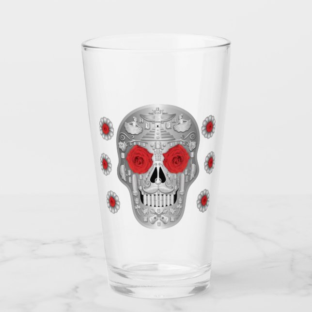 Chrome Calavera (Red Rose) Glass (Front)