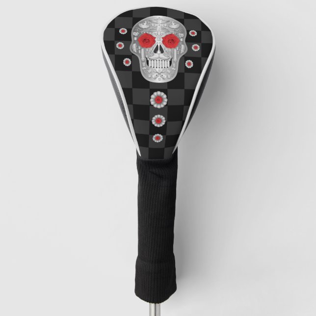 Chrome Calavera (Red Rose) Golf Head Cover (Front)