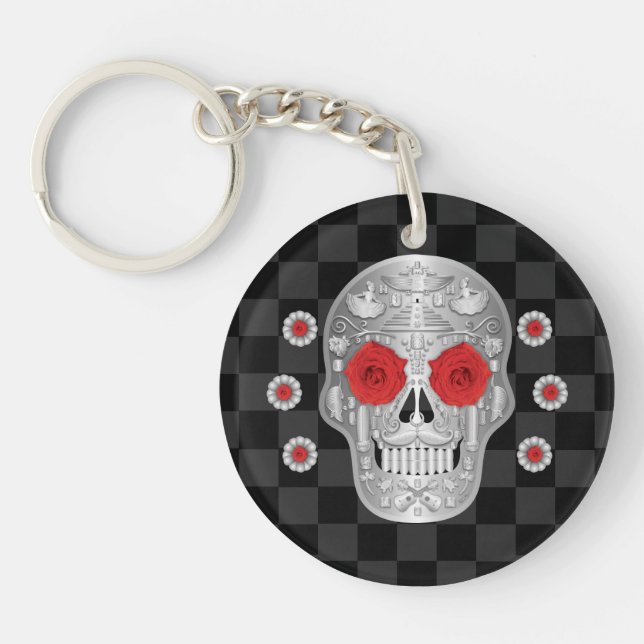 Chrome Calavera (Red Rose) Keychain (Front)