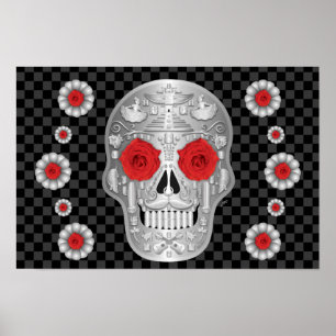 Chrome Calavera (Red Rose) Poster