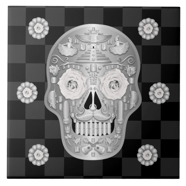 Chrome Calavera (White Rose) Ceramic Tile (Front)