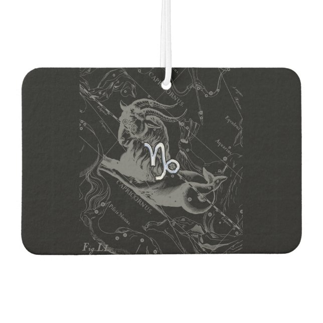 Chrome Capricorn Zodiac Symbol on Hevelius Car Air Freshener (Front)