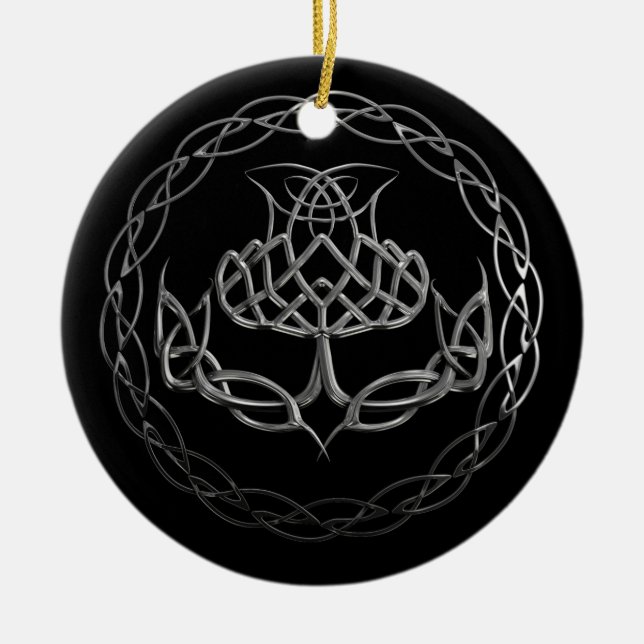 Chrome Celtic Knot Thistle Ceramic Ornament (Front)