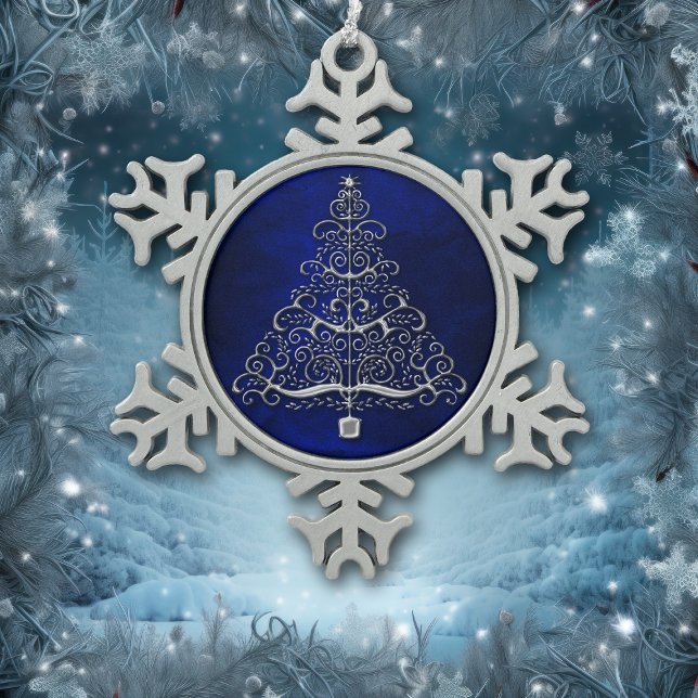 Chrome Christmas Tree Blue Snowflake Pewter Christmas Ornament (Creator Uploaded)