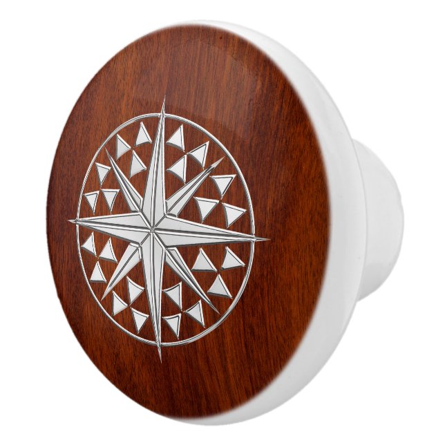 Chrome Compass on Nautical Mahogany Grain Print Ceramic Knob (Right)