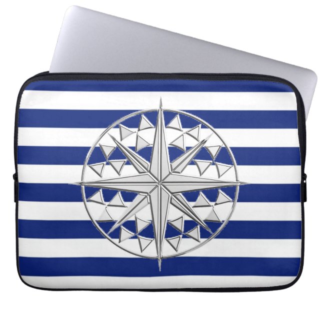 Chrome Compass on Nautical Stripes Laptop Sleeve (Front)