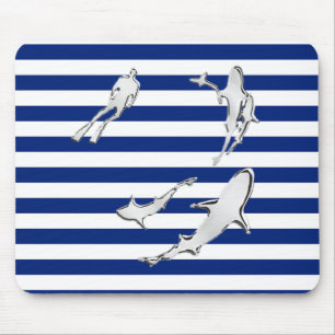 Chrome Diver and Sharks Silhouettes on Stripes Mouse Pad
