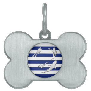 Chrome Diver and Sharks Silhouettes on Stripes Pet ID Tag