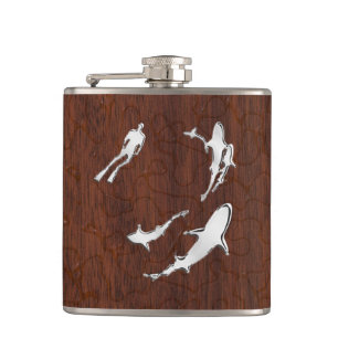 Chrome Diver n Sharks on Wet Mahogany Print Hip Flask