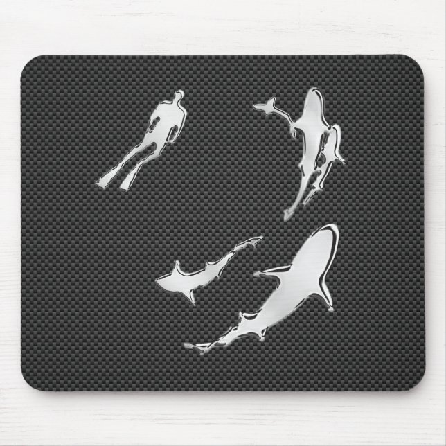 Chrome Diver with Sharks on Carbon Fibre Mouse Pad (Front)