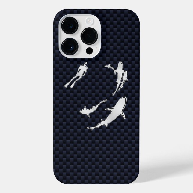 Chrome Diver with Sharks on Carbon Fibre Print iPhone Case (Back)