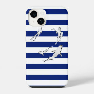 Chrome Diver with Sharks Print on Navy Stripes iPhone 14 Case